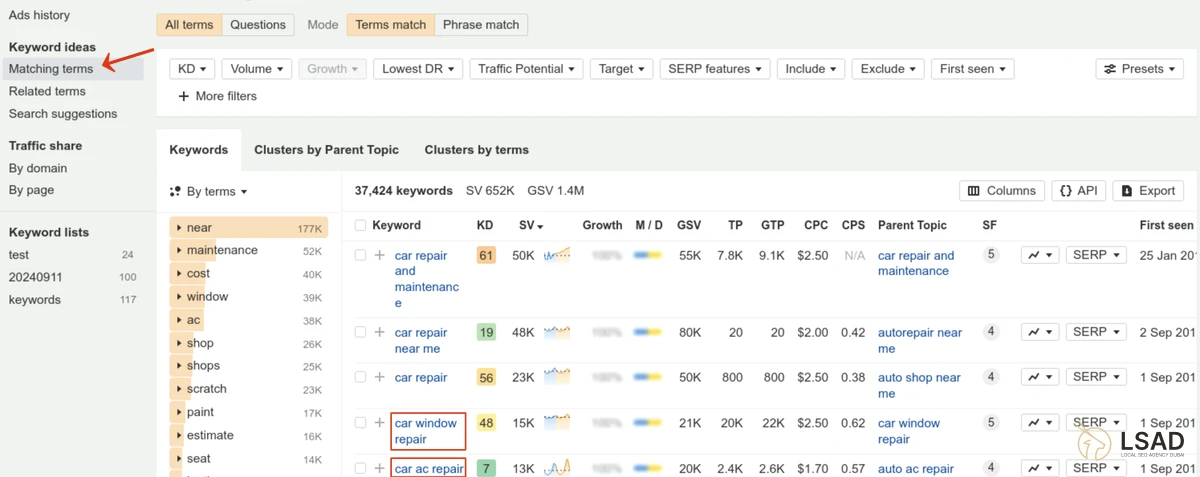 keyword research using matching terms keyword research on Ahrefs